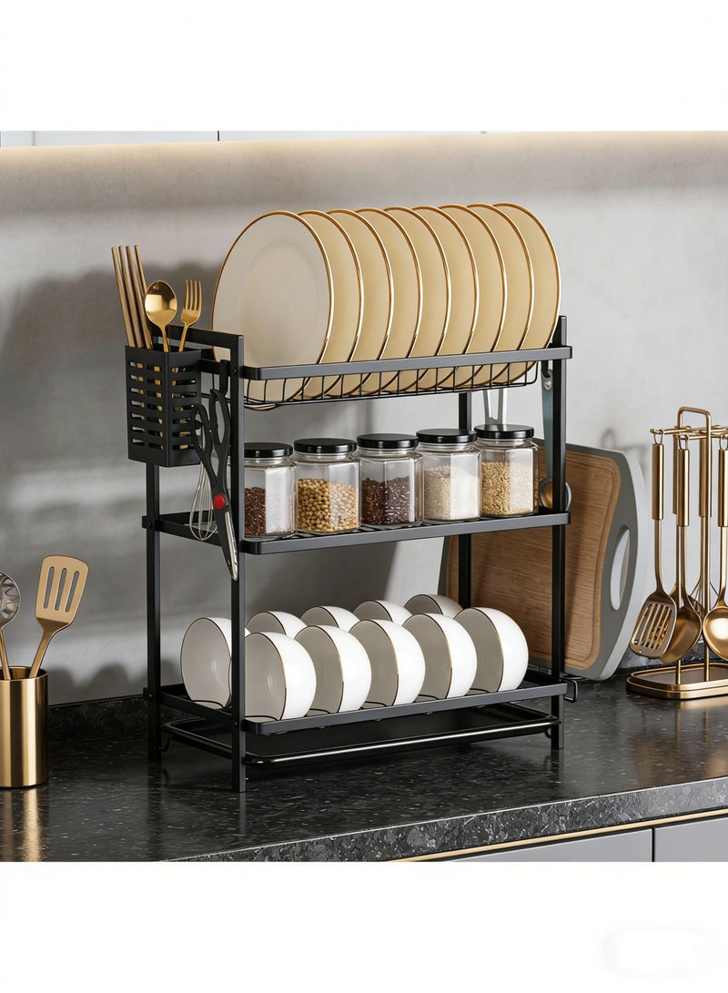 حصريا رف أطباق للمطبخ، رف تخزين للأطباق وعيدان الطعام بثلاثة أرفف، حامل أدوات المائدة، سلة تصريف، رف أطباق للحوض 52.5 سم × 41 سم × 25 سم (أسود) - Image 5